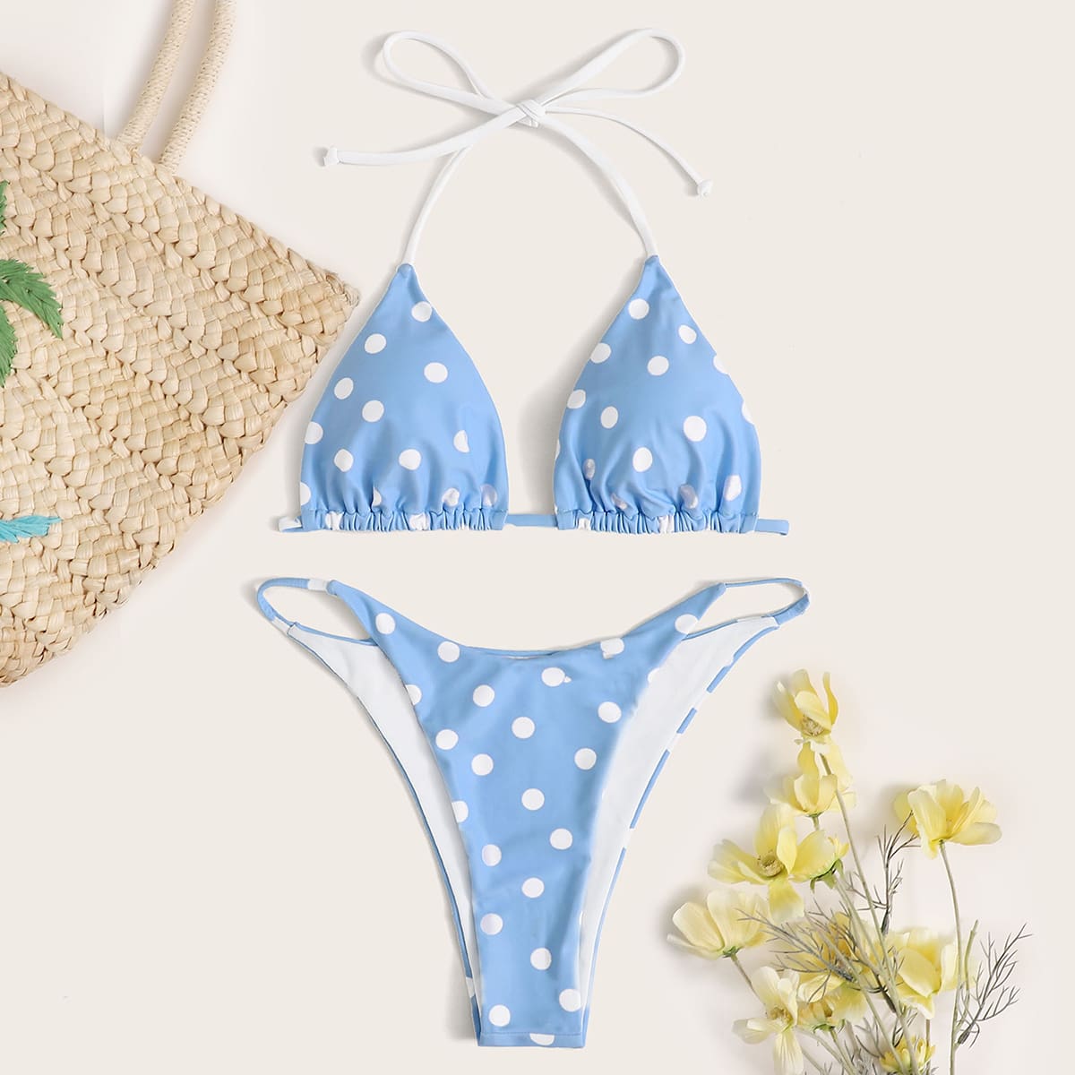 

Polka Dot Triangle Tanga Bikini Swimsuit, Blue
