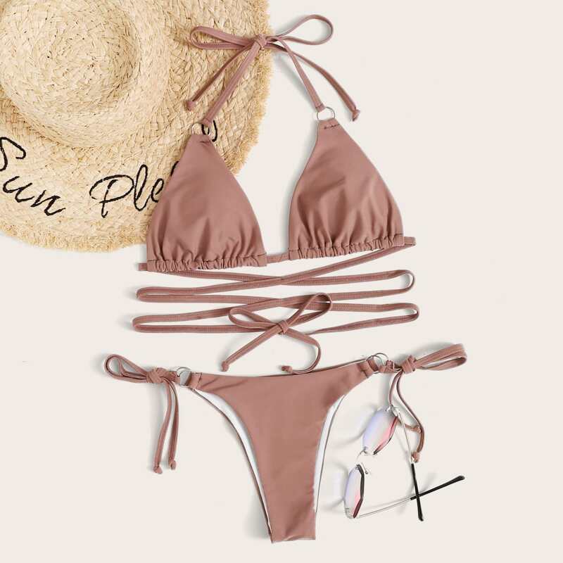 

Criss Cross Triangle Tie Side Bikini Swimsuit, Brown