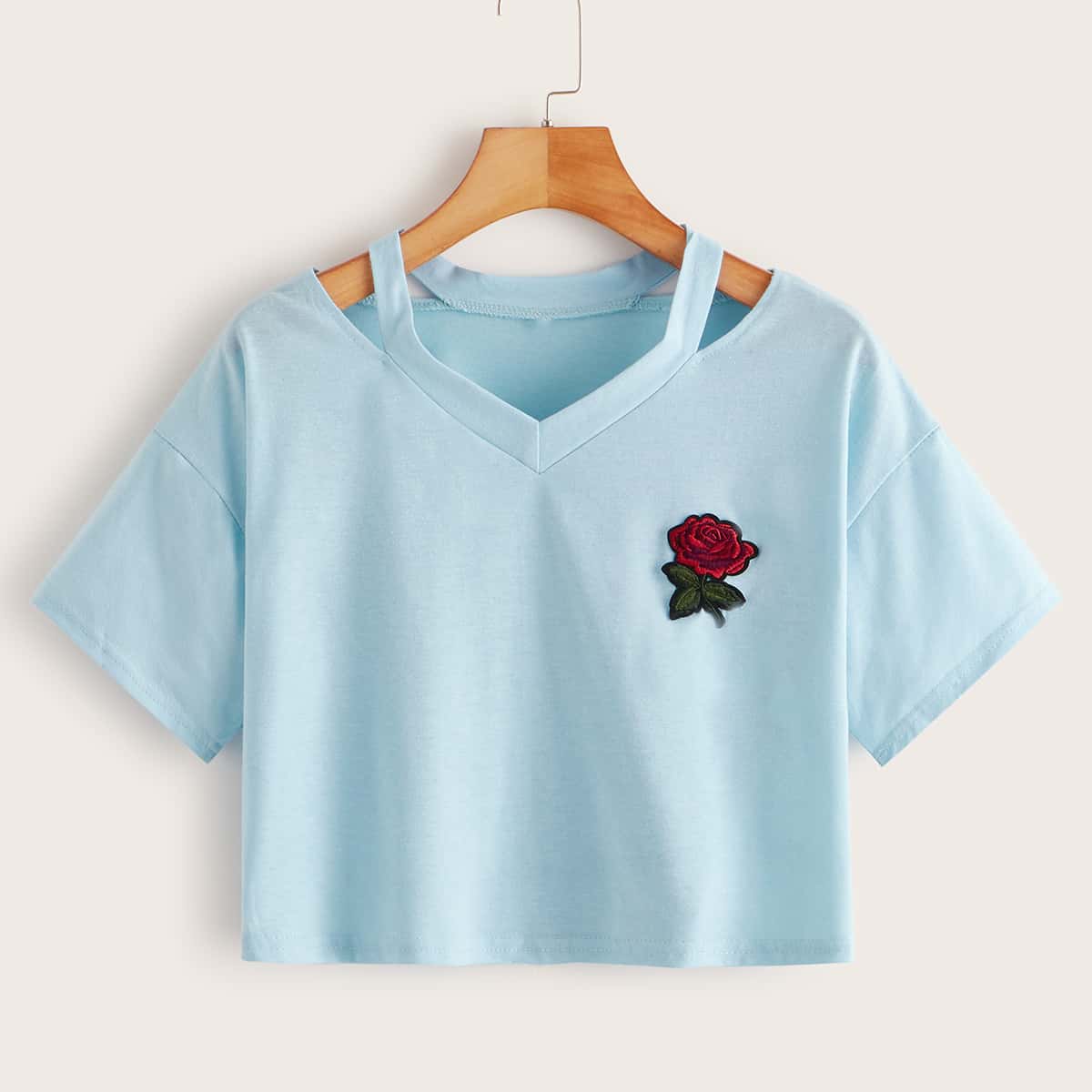 

Rose Embroidery Cutout Tee, Blue