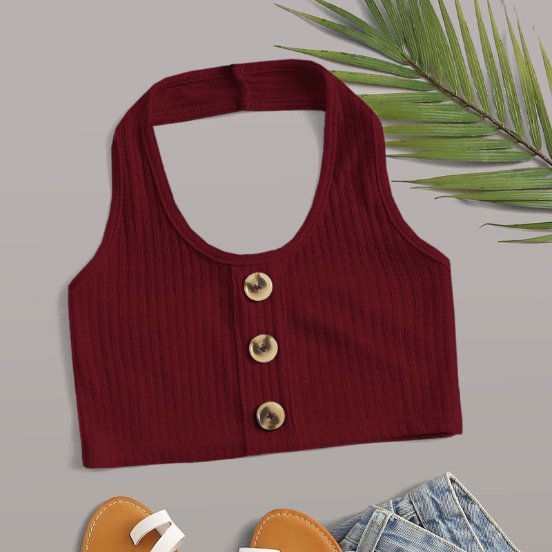 

Button Front Rib Halter Top, Burgundy