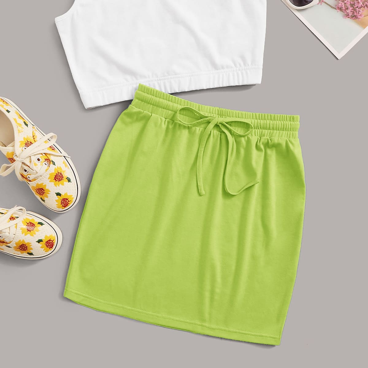 

White Tank & Green Tie Skirt, Multicolor