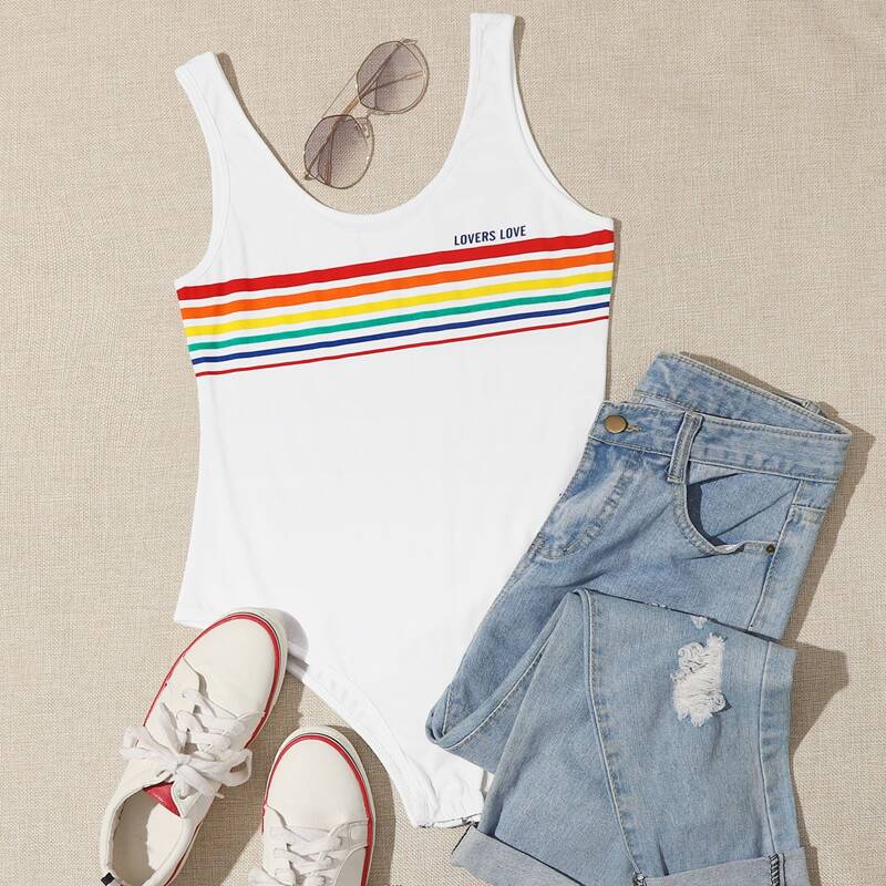 

Rainbow Striped Tank Bodysuit, White