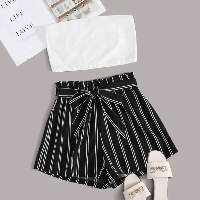

White Tube Top & Striped Shorts, Black and white