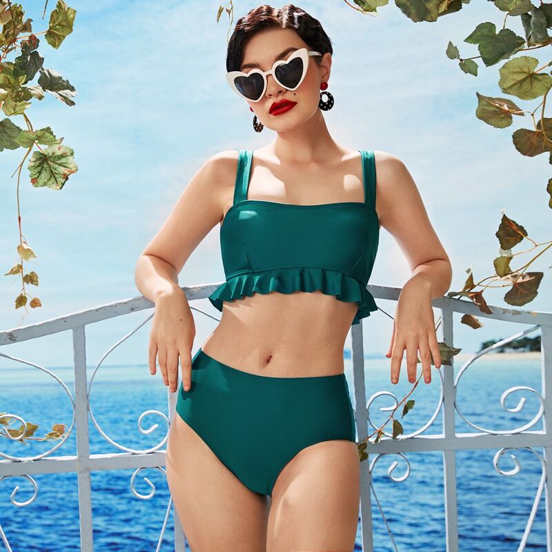 

Ruffle Hem Square Neck Bikini Swimsuit, Green