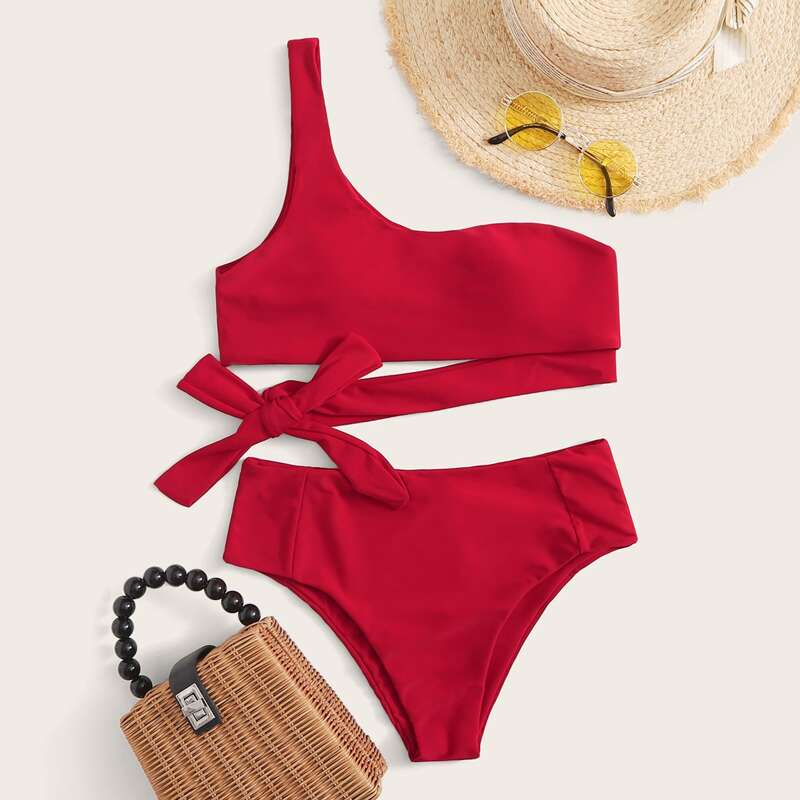 

One Shoulder High Waist Bikini Swimsuit, Red