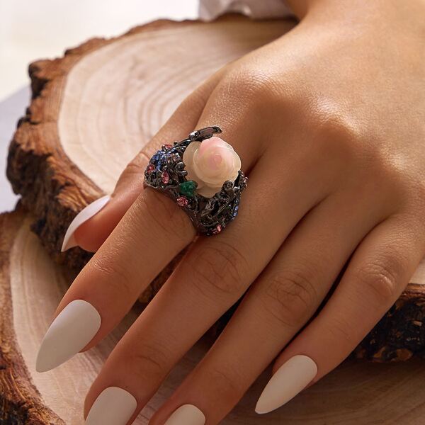 

1pc Rhinestone Engraved & Flower Decor Ring, Multicolor
