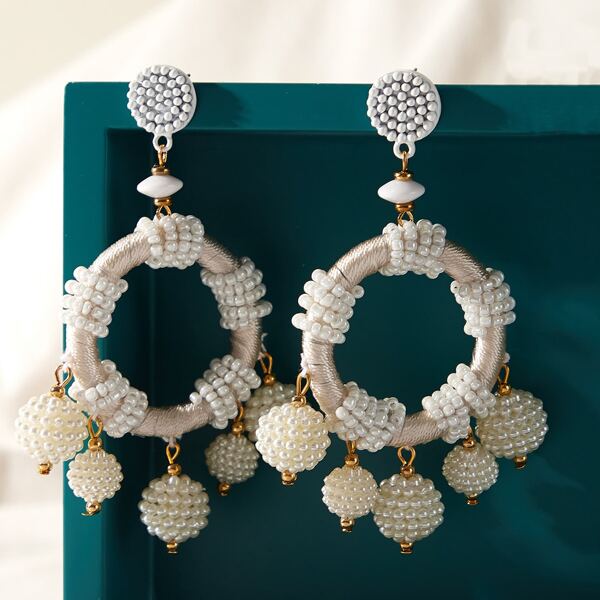 

1pair Faux Pearl Beaded Ball Charm Round Drop Earrings, White