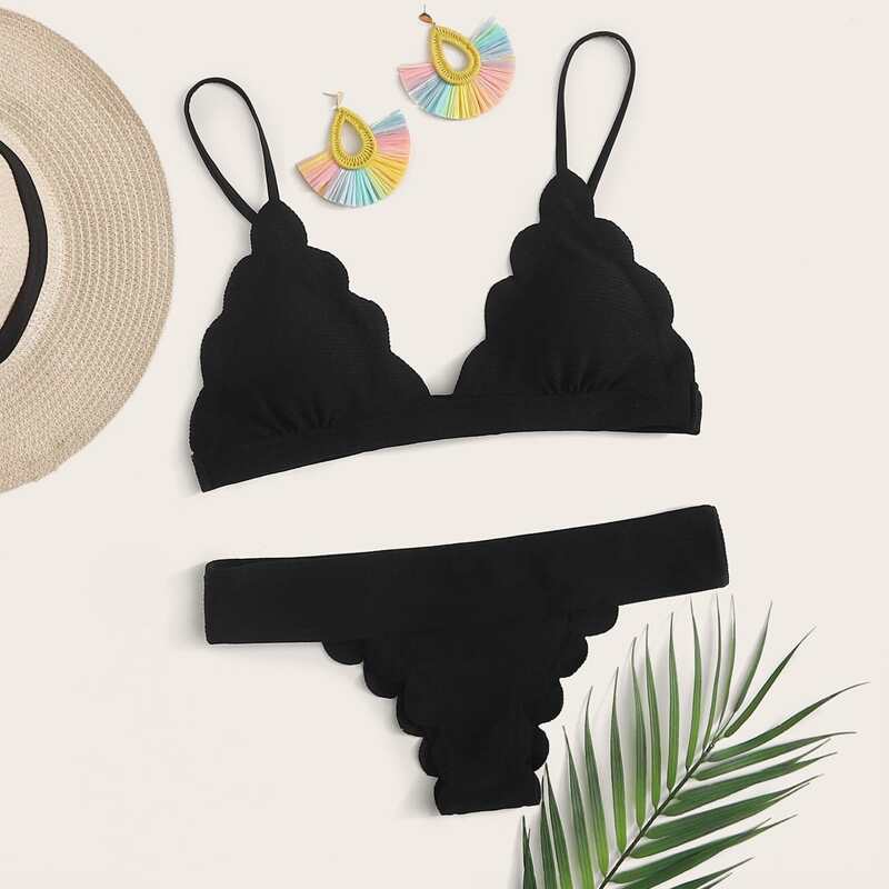 

Scallop Trim Triangle Tanga Bikini Swimsuit, Black