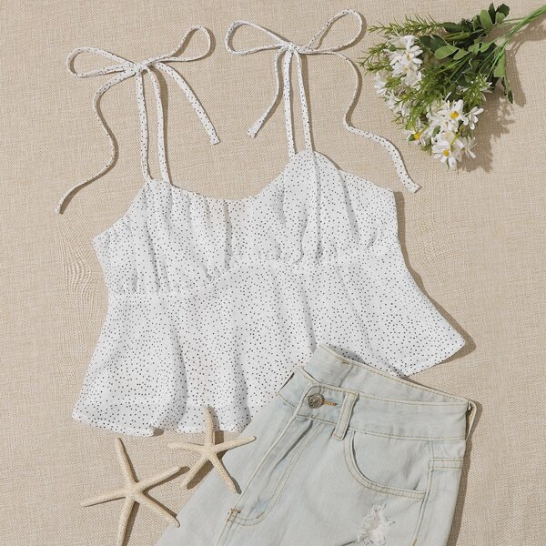 

Knot Straps Ruched Bust Polka Dot Cami Top, White