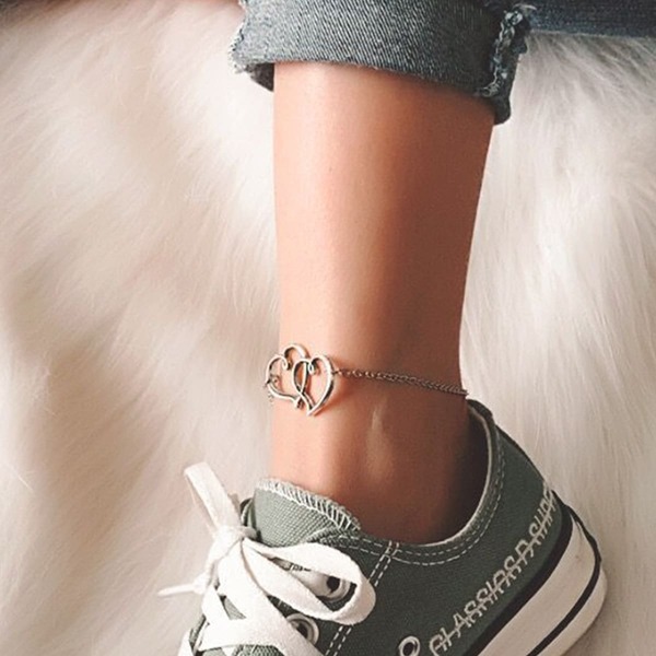 

Double Heart Decor Anklet, Silver