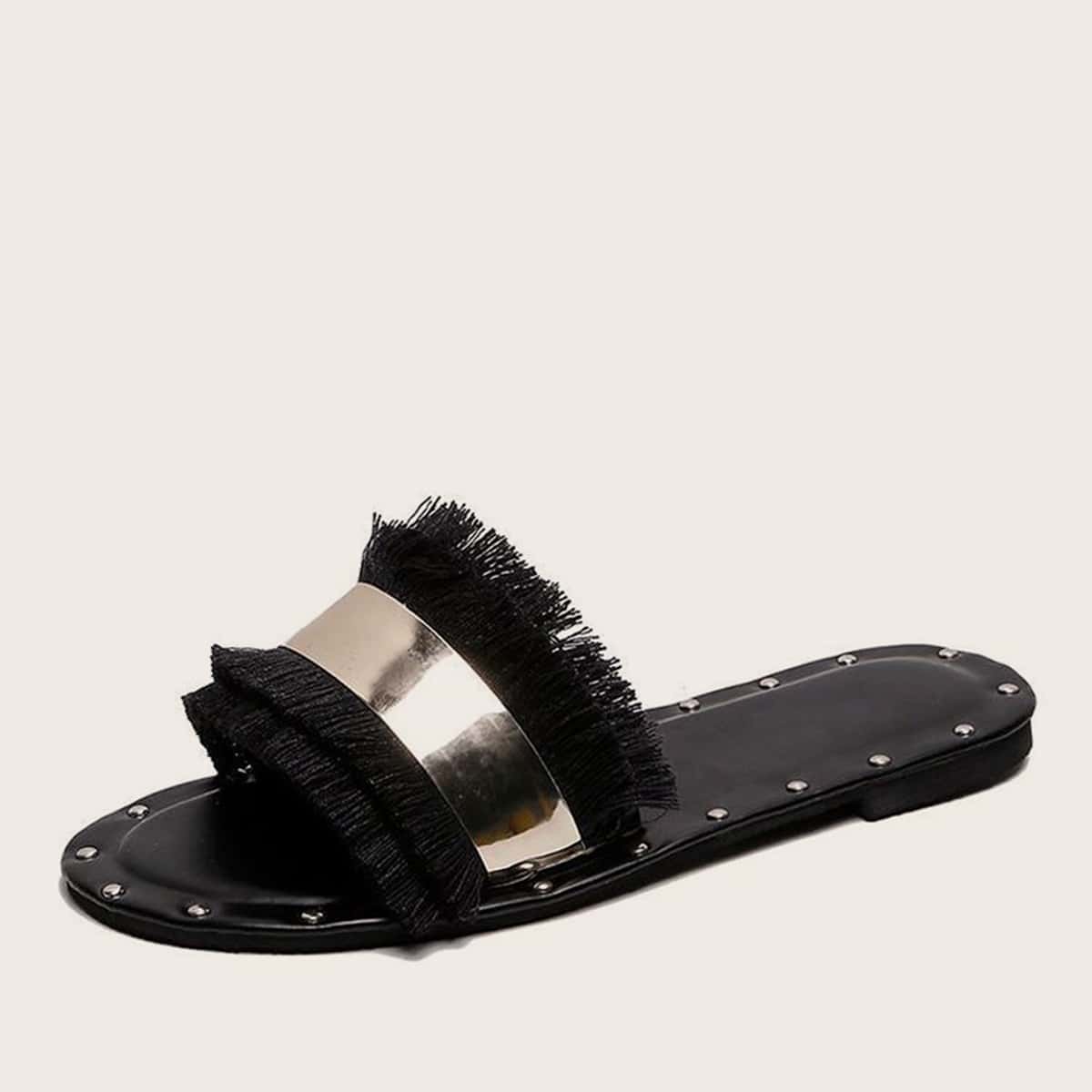 

Open Toe Fringe Trim Sliders, Black