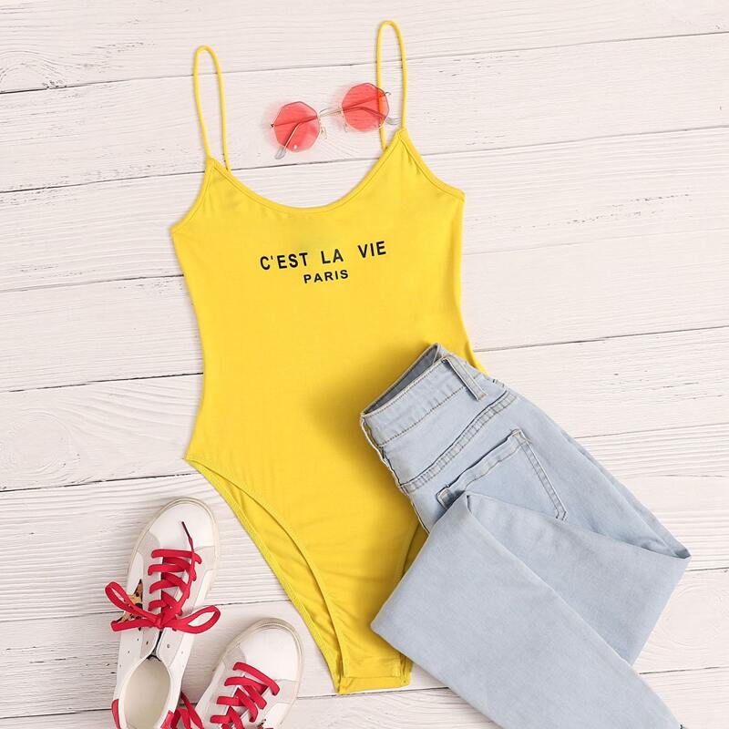 

Slogan Graphic Cami Bodysuit, Yellow
