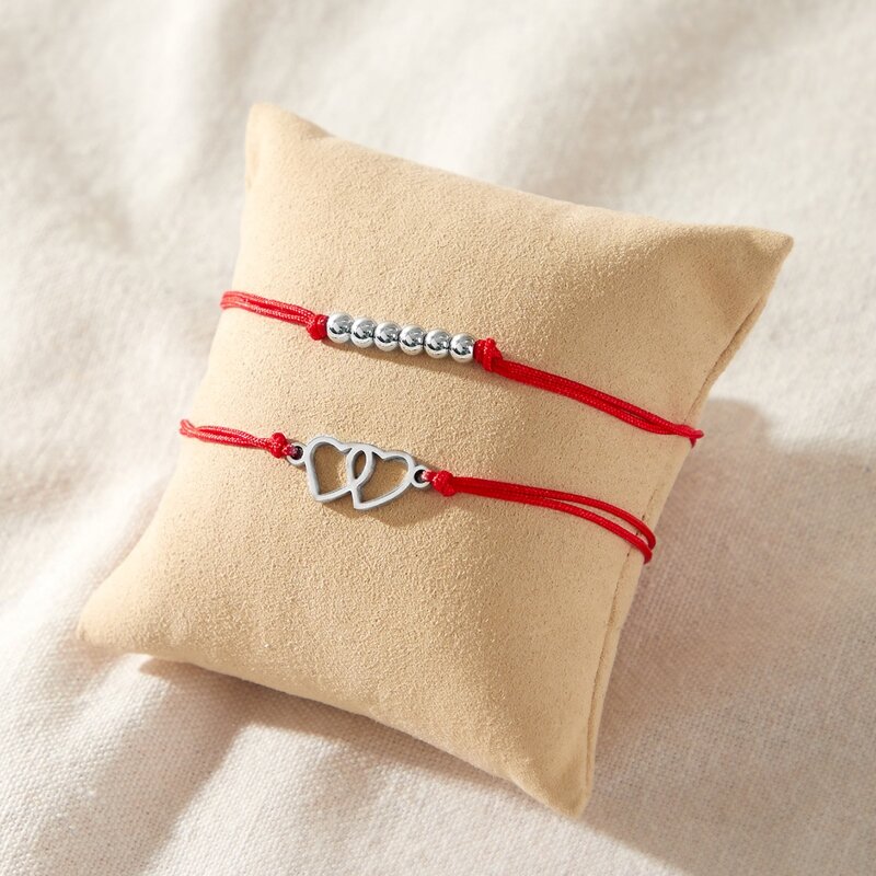 

2pcs Dual Heart & Beaded Code Bracelet, Red