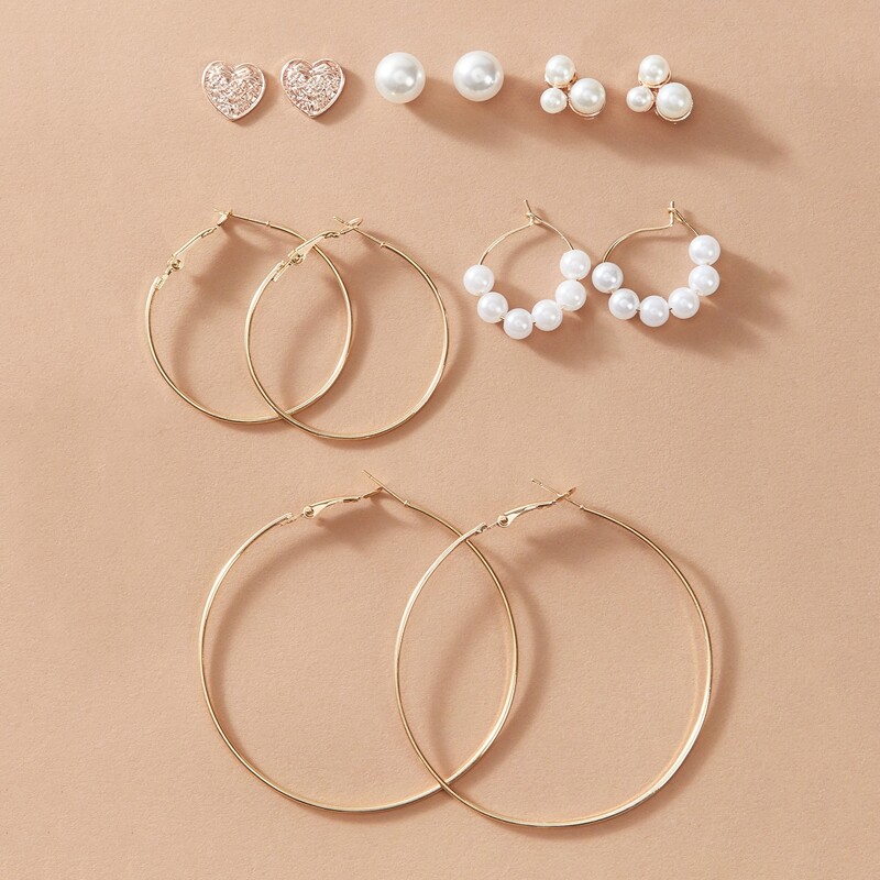 

1pair Faux Pearl Stud & Hoop Earrings, Gold