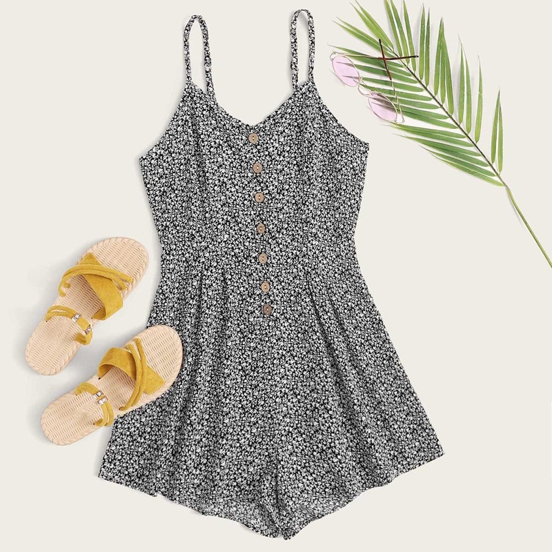 

Ditsy Floral Button Front Cami Romper, Black and white