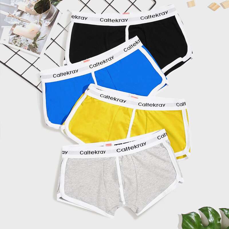 

4pcs Guys Contrast Binding Letter Tape Waist Boxer Brief, Multicolor