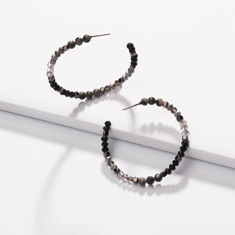 

1pair Beaded Hoop Earrings, Grey