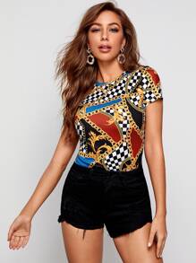 SHEIN Clasi 混合圖案帽袖上衣 - 彩色 - 查看 1