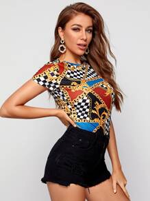 SHEIN Clasi 混合圖案帽袖上衣 - 彩色 - 查看 4