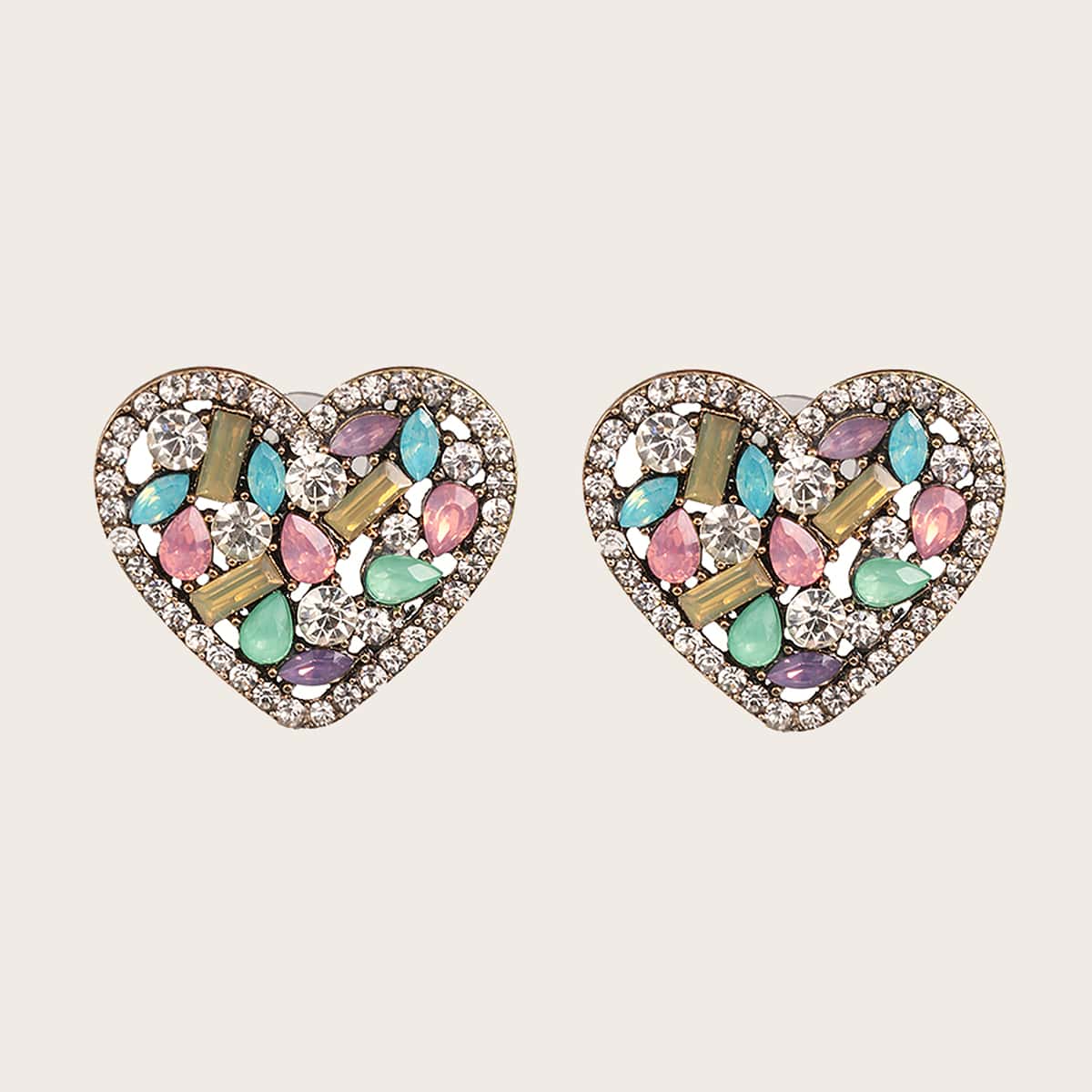 

1pair Rhinestone Engraved Heart Stud Earrings, Multicolor
