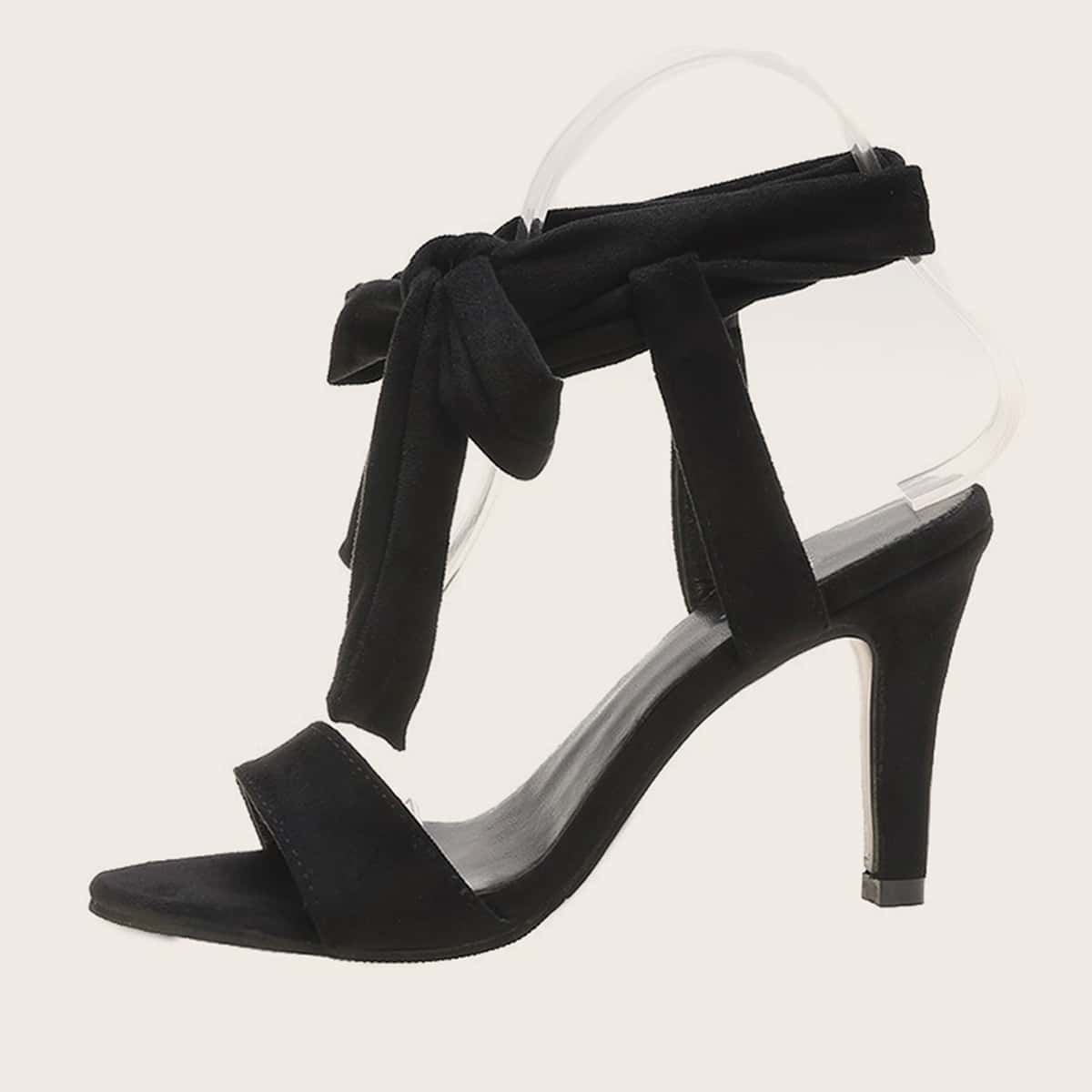 

Open Toe Tie Leg Stiletto Heels, Black
