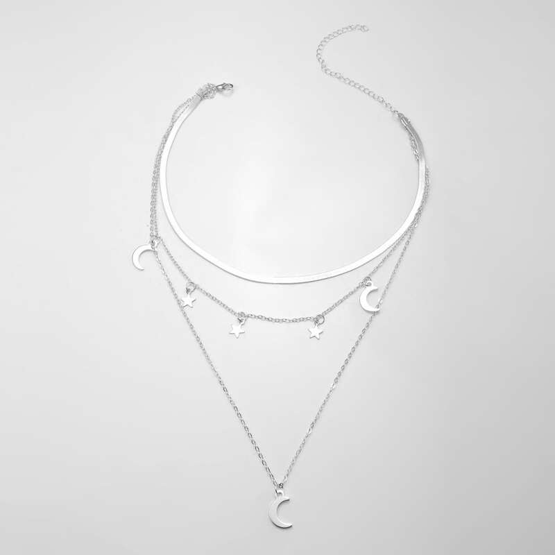 

Moon Charm Layered Necklace, Silver