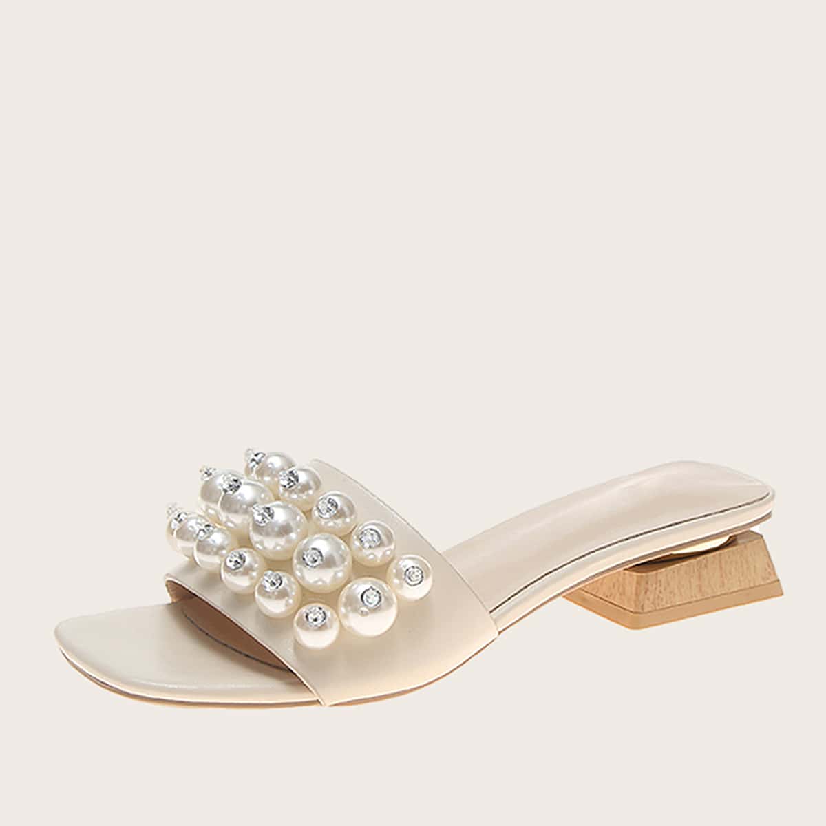 

Faux Pearl Decor Heeled Mules, Beige
