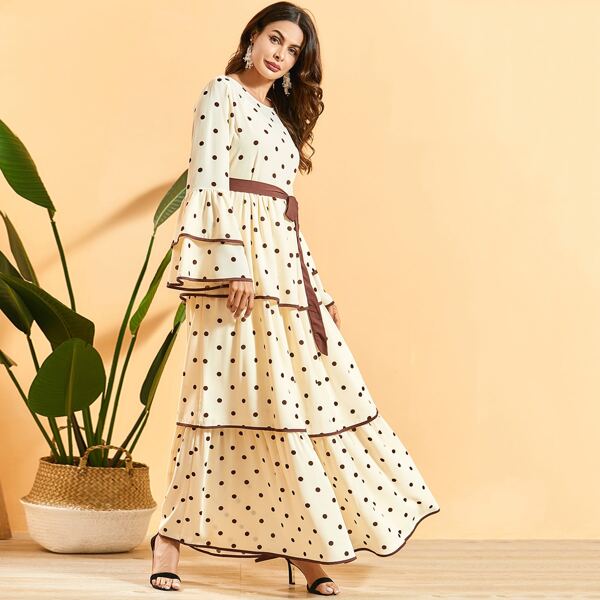 

Polka Dot Print Contrast Binding Layered Belted Dress, Beige