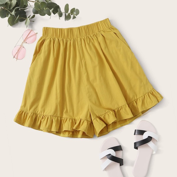 

Ruffle Hem Elastic Waist Shorts, Yellow