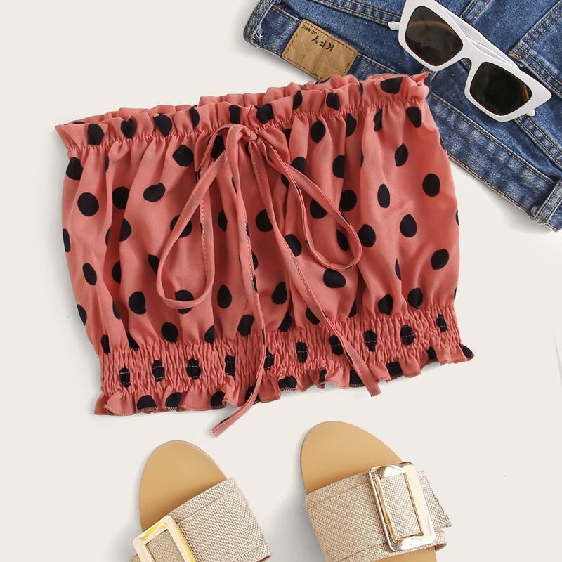 

Polka Dot Frill Trim Tie Front Crop Bandeau Top, Pink