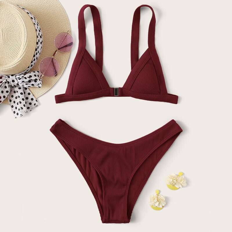 

Rib Triangle High Cut Bikini Swimsuit, Burgundy