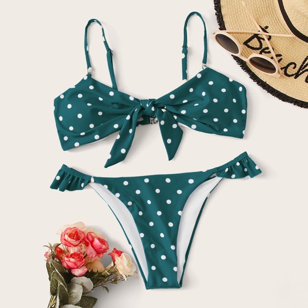 

Polka Dot Knot Front Tanga Bikini Swimsuit, Green