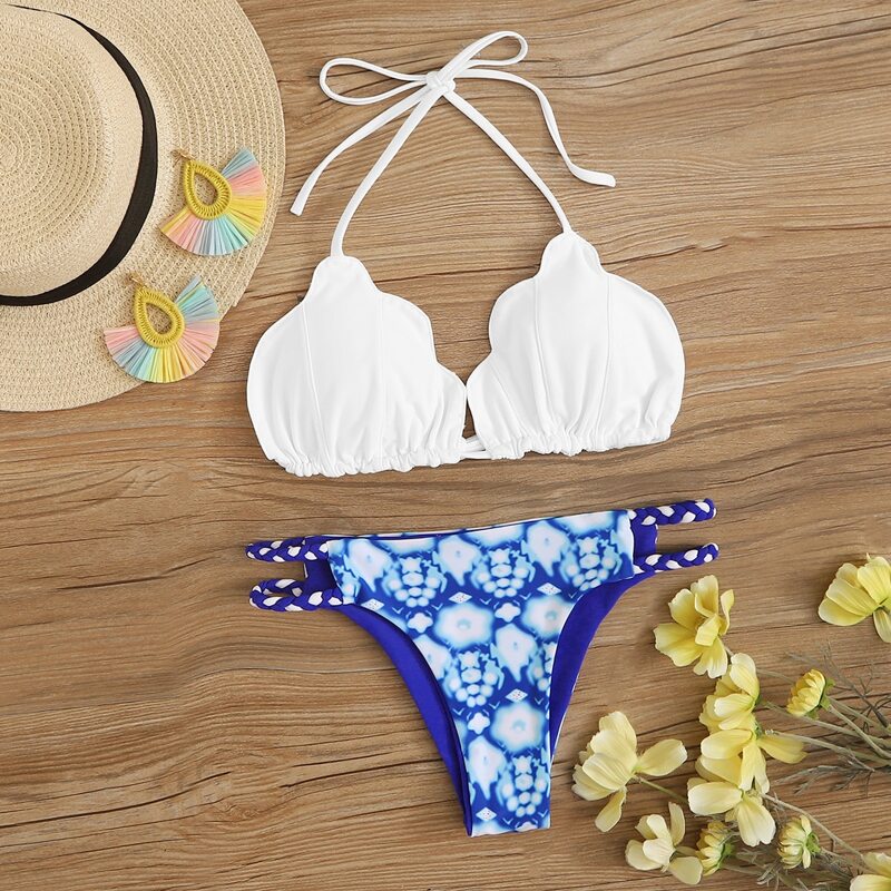 

Floral Scallop Trim Triangle Bikini Swimsuit, Multicolor