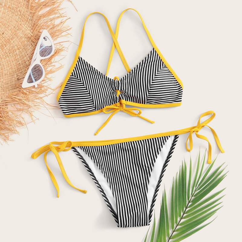 

Striped Tie Side Bikini Swimsuit, Multicolor