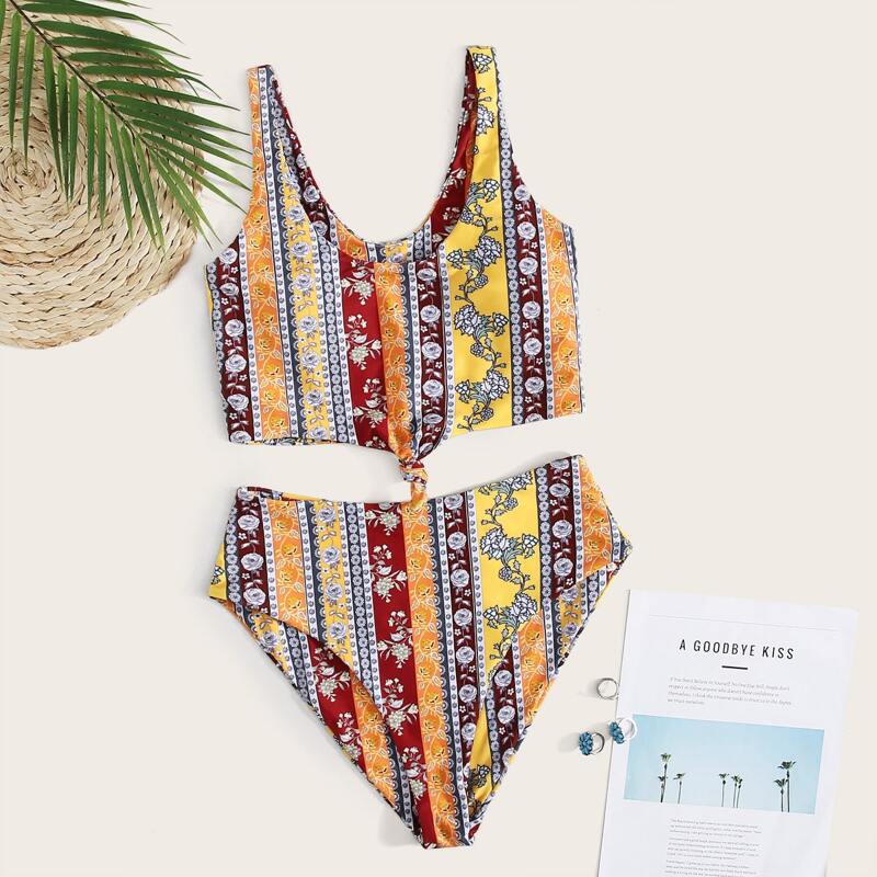 

Floral Knot Front Bikini Swimsuit, Multicolor