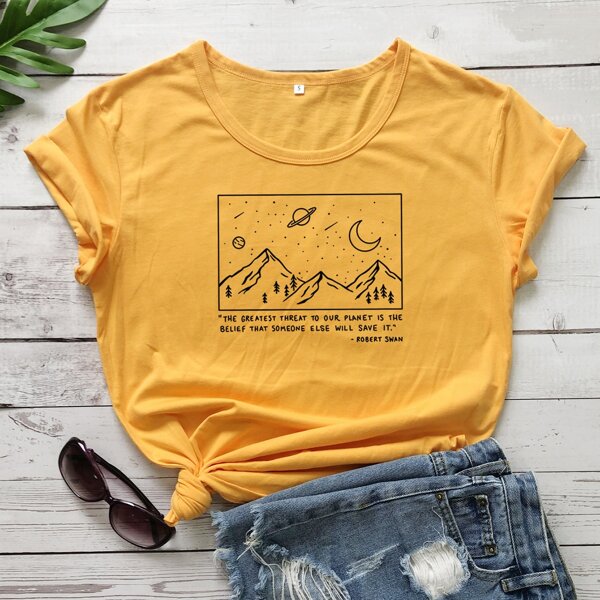 

Scenery And Slogan Graphic Tee, Yellow