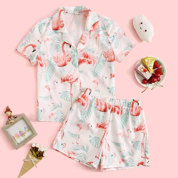 

Girls Flamingo & Tropical Print Top & Shorts PJ Set, Multicolor