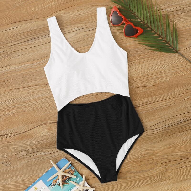 

Rib Two Tone Cut-out One Piece Swimsuit, Black and white