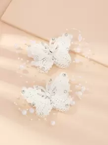 2件組兒童素色珍珠蝴蝶髮夾 - 白色 - 查看 2