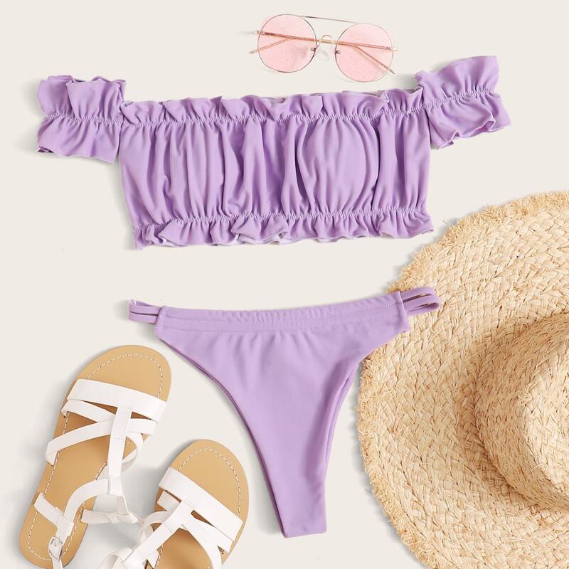 

Ruched Frill Trim Bardot Bikini Swimsuit, Purple