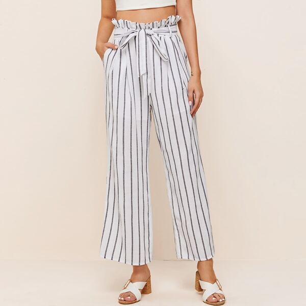 

Paperbag Waist Belted Striped Pants, White