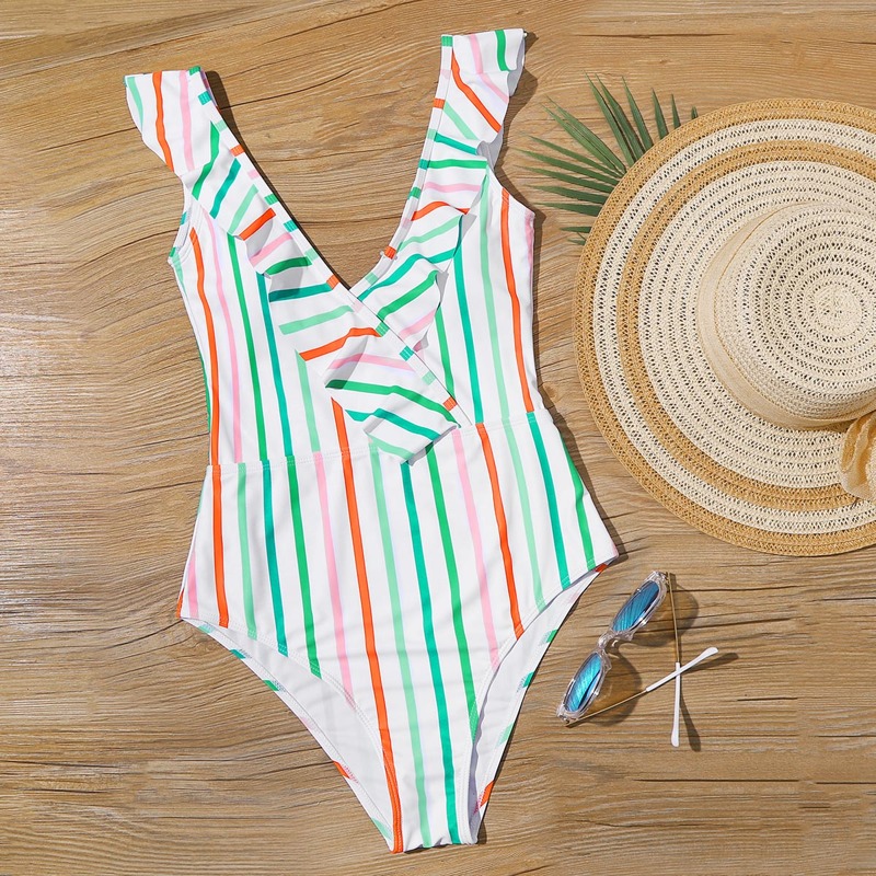 

Striped Ruffle Trim One Piece Swimsuit, Multicolor