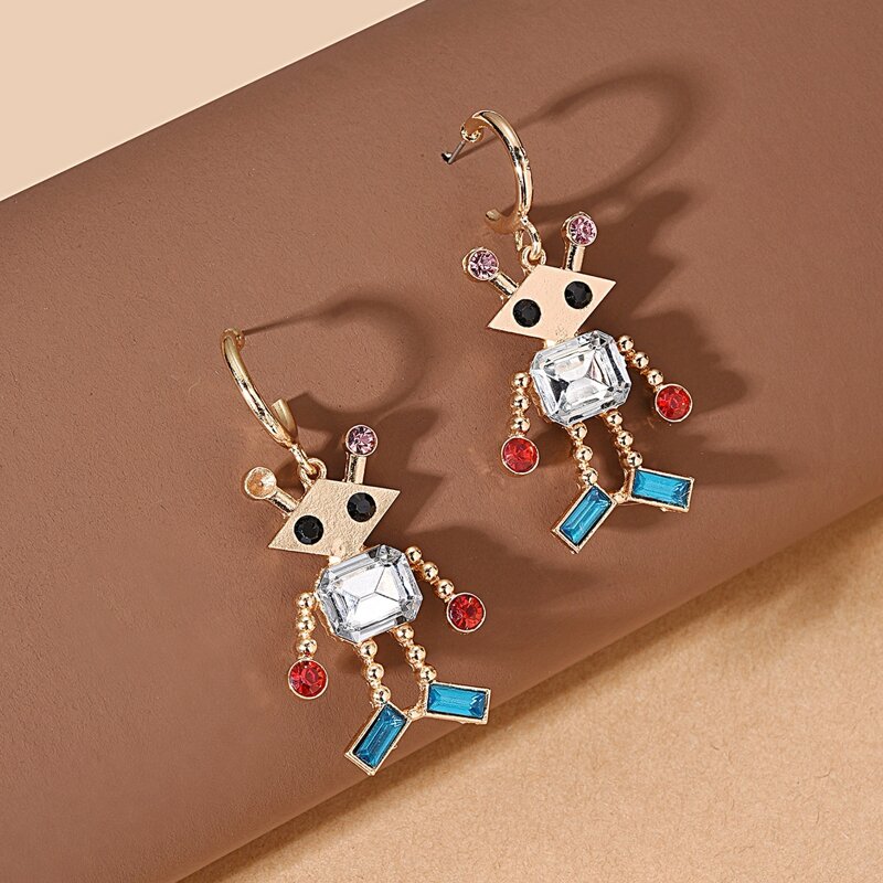 

Rhinestone Engraved Robot Earrings, Multicolor