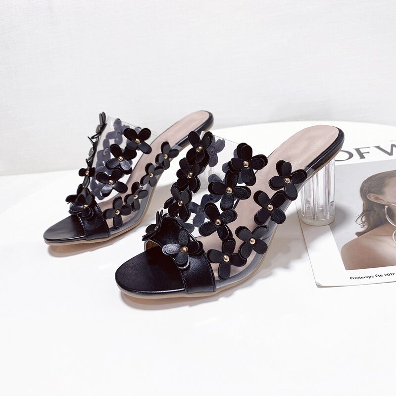 

Floral Appliques Chunky Heeled Mules, Black