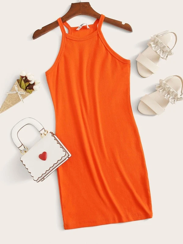 orange halter neck dress