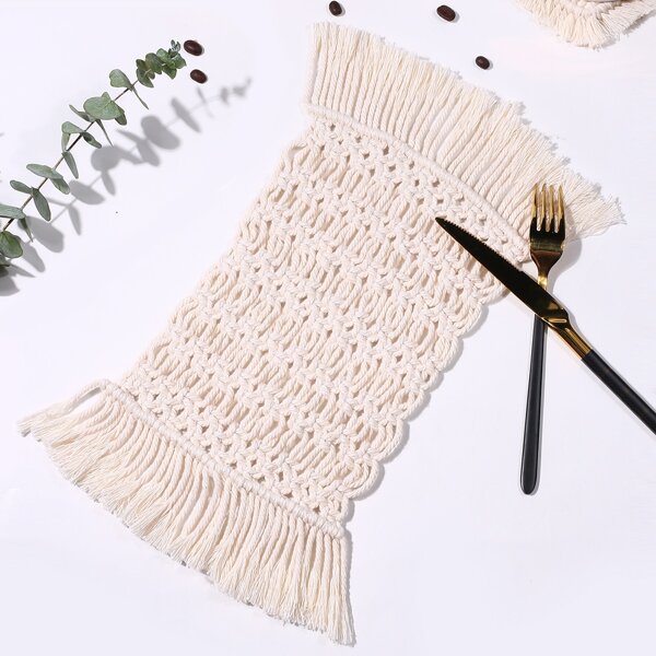 

1pc Braided Fringe Placemat, White beige