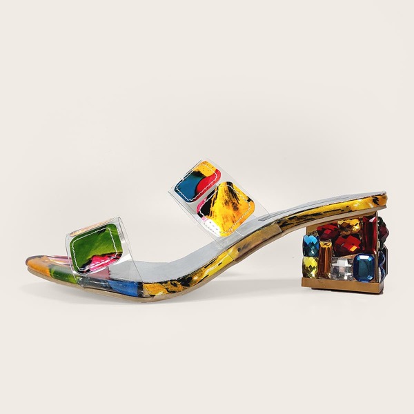 

Gemstone Decor Double Band Chunky Heeled Mules, Multicolor