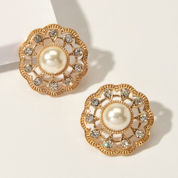 

1pair Faux Pearl Floral Stud Earrings, Gold