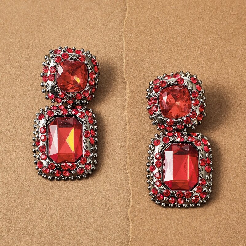 

Rhinestone Engraved Geometric Drop Earrings, Red