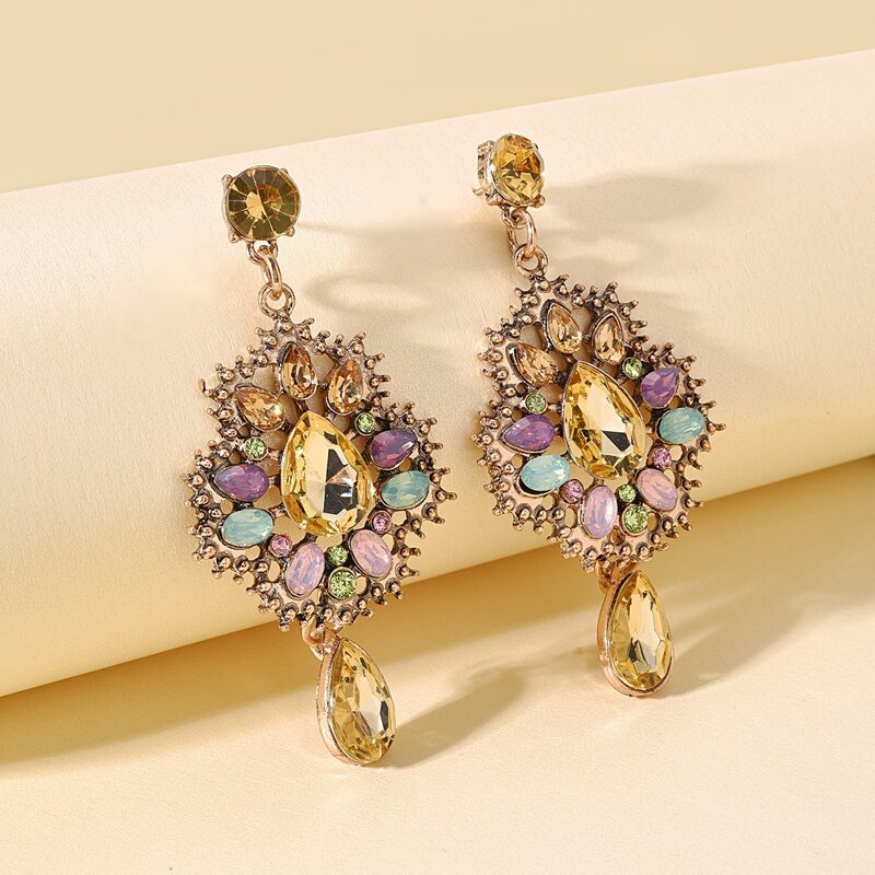 

Rhinestone Engraved Drop Earrings, Colorful